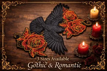 Raven and Red Roses Embroidered Patch – Gothic Dark Cottagecore Appliqué