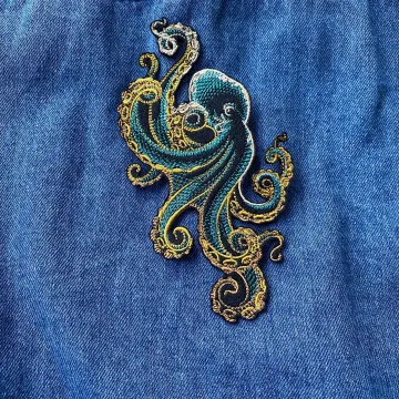 Embroidered Octopus Iron-On Patch: Marine Jacket Decor