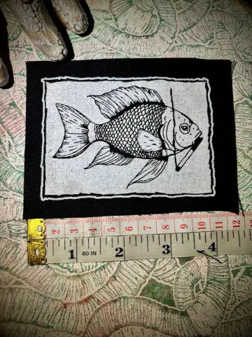 Fish smoking a cigarette sew on punk patch