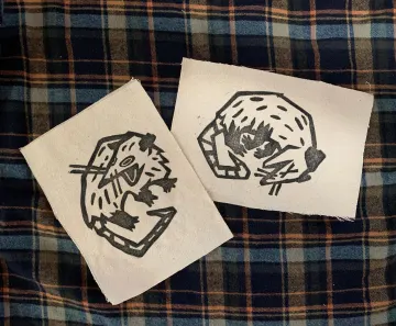 Linocut Possum Patch Pack, Set of 2 Sew On Canvas Patches, 5x7 Medium, Scared Playing Dead Opossum, Alt Punk Witchy Goth Animal Block Print