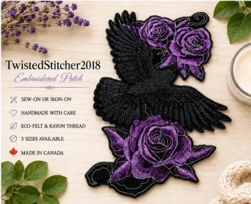 Gothic Raven Purple Roses Embroidered Patch, Dark Floral Crow Applique Sew On