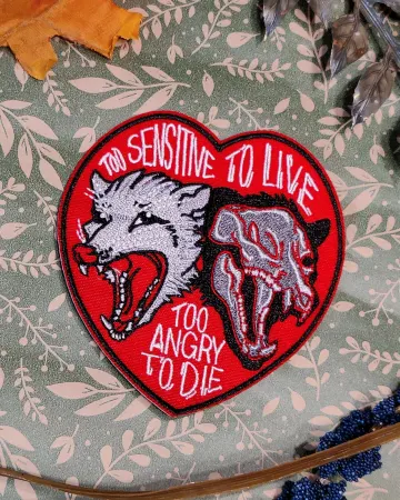 Possum Heart Iron On Embroidered Patch - Too Sensitive To Live Too Angry to Die - Dark Animal Art Patch, Creepycore roadkill accessories