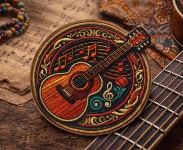 Acoustic Guitar Patch/Iron-on Patch/Folk Music Emblem/Hippie Style/Retro Music Lover/Sew-On Applique for Clothing, Vest/Jacket, Hat Backpack