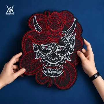 Oni Mask & Dragon Embroidered Back Patch – 13" in Iron-On Gothic / Mythic Jacket Applique