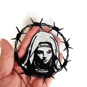 Gothic Virgin Mary Embroidered Patch - Dark Mary with Barbed Wire Crown - Punk Metal Religious Iron-On Sew-On Badge