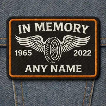 In Memory Biker Patch – RIP Winged Motorcycle Wheel Tribute – Custom Memorial Patch