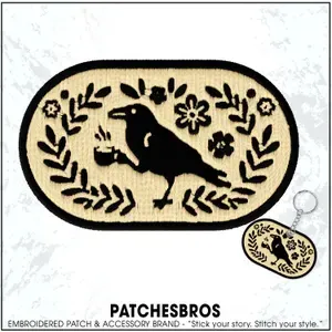 Crow Coffee Patch Boho Style Gothic Sarcastic Savage Floral Flower Embroidered Patches - Embroidered Keychain Sew On Iron On