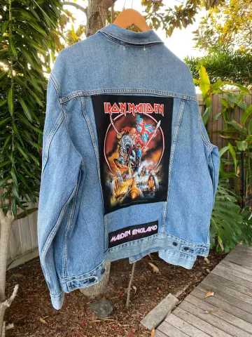 Upcycled Vintage Denim Jacket with Custom Iron Maiden Fan Back Patch.