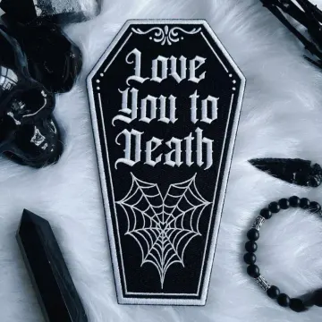 Love You to Death Coffin Patch - Gothic Spiderweb Embroidery - Romantic Macabre Art - Large Iron On Back Patch for Jackets & Vests V0303
