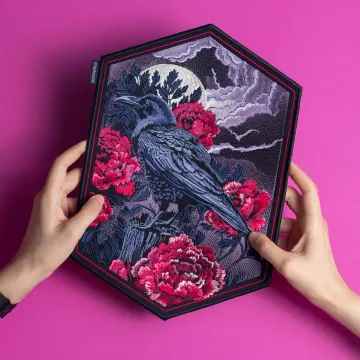 Crow And Red Peonies Embroidered Patch