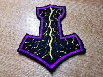 Thunder Mjolnir Purple Iron On Embroidered Patch Viking Norse Mythology Thor Hammer Static and Lightning Patches