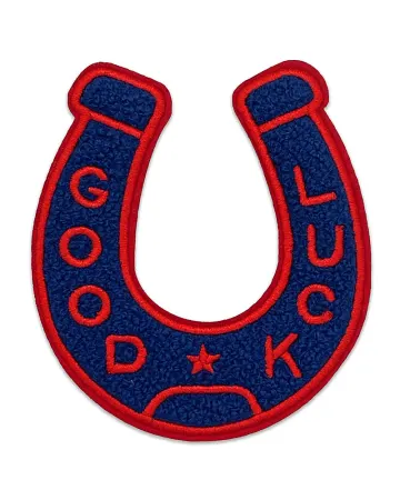Good Luck Horseshoe Chenille Patch - Navy Blue/Red