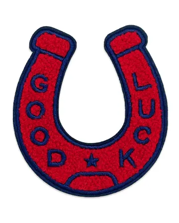 Good Luck Horseshoe Chenille Patch - Red/Navy Blue