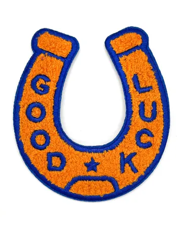Good Luck Horseshoe Chenille Patch - Orange/Blue